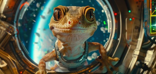 Fototapeta premium A cute charismatic closeup of a gecko in a tiny astronaut suit, floating inside a spaceship with HUD hologram, in the middle of space, Sharpen banner with copy space