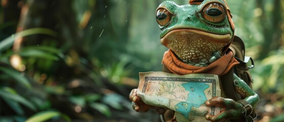 A cute charismatic closeup of an amphibian dressed as an explorer, navigating through a digital rainforest with a map hologram, in a dense jungle, Sharpen banner with copy space