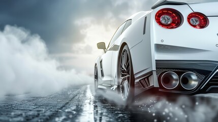 High performance sports car drifting around corner on racetrack with blank space for text