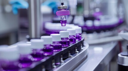 Fototapeta premium Automated assembly line for cosmetic tubes, filling and sealing process in a sterile lab setting