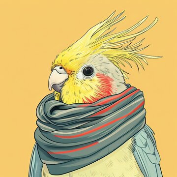recommend clip art: Cockatiel with a scarf, simple flat line drawing clip art, simple line art illustration with two colors, clipart isolated on a pure solid color pastel cream background, simple doodle design for a