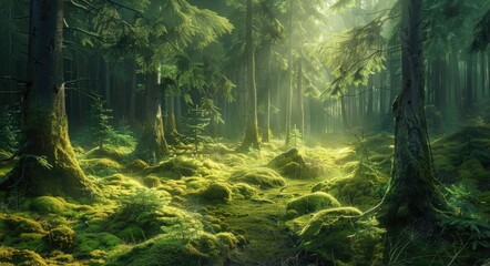 Coniferous Forest. Magical fairytale landscape with mystical atmosphere and golden sunlight