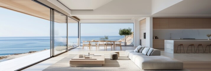 Modern interior of a living room and dining area with large windows overlooking the ocean