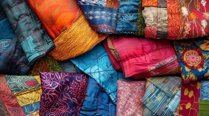 Artistic arrangement of colorful patchwork fabric pieces, showcasing vivid patterns and rich textures, isolated background