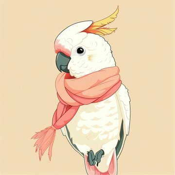 recommend clip art: Cockatoo with a scarf, simple flat line drawing clip art, simple line art illustration with two colors, clipart isolated on a pure solid color pastel cream background, simple doodle design for a kids