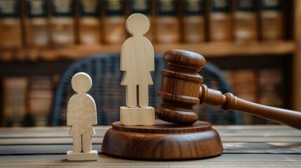 Custody. Family Law and Courtroom Scene with Gavel, Judge Table, Divorce Lawyer, and Children Figurines