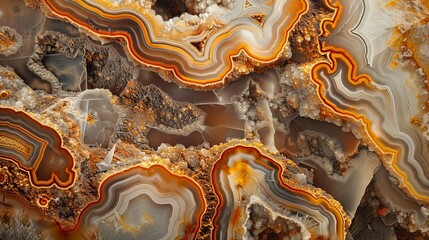 Agate stone with a mix of brown and orange hues, detailed patterns and natural textures