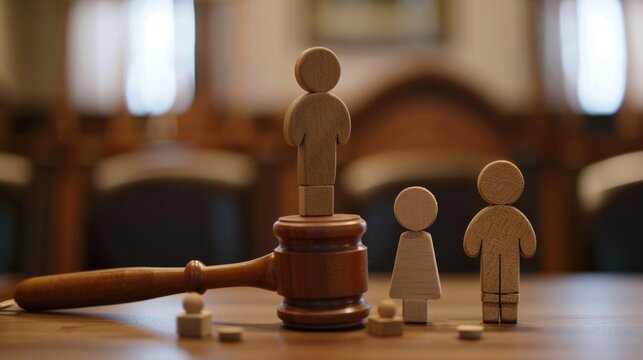 Custody. Family Law and Court Hearing with Wooden Figurines: Husband, Wife, and Kid