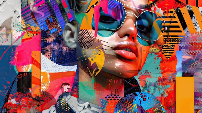 Diverse characters in a modern collage, abstract shapes and vibrant textures, digital art, representing global diversity