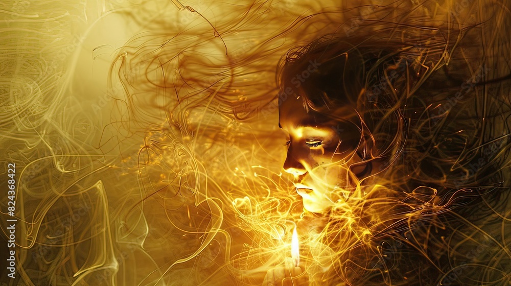 Poster create an image of a person with an obscured face, holding a candle close to their chest, which illu