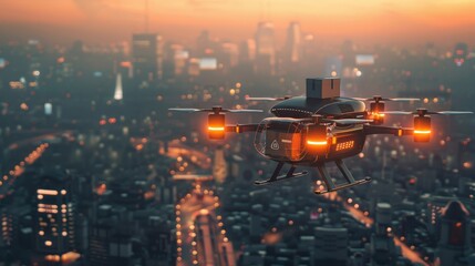 Advanced delivery drone with a package, futuristic cityscape background, twilight setting