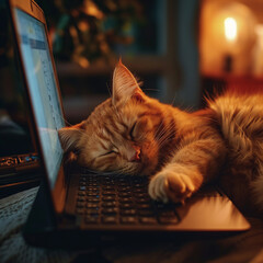 Close-up of a cute cat sitting on a table near a laptop. Cat working with laptop at home online, studying in home office, people working at home, freelancing, generating ai