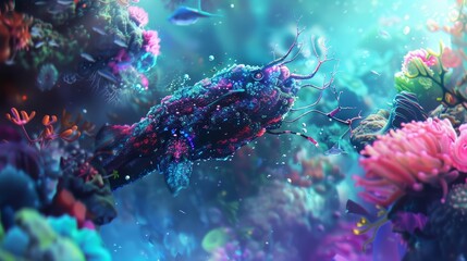 Naklejka premium A futuristic concept of an aqua animal with cybernetic enhancements swimming gracefully through a vibrant coral reef