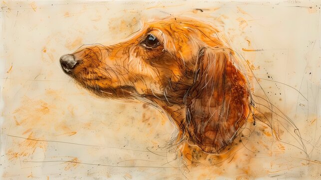 create an encaustic painting on canvas with very light hues. some scribble art in the mix. depicting the refined head of an elegant red wirehaired dachshund