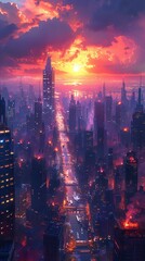 Bring the fusion of Travel Adventures and Nanotechnology to life in a digital artwork featuring a futuristic cityscape where nano-bots construct skyscrapers under a neon-lit sky