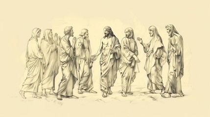 Jesus' Miracle Healing of Ten Lepers, Biblical Illustration of Gratitude, Perfect for Religious article