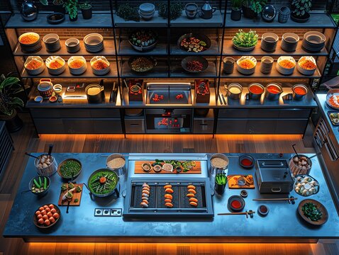 Capture a captivating digital painting of a top-down shot of a virtual sushi chef preparing delicacies under dynamic LED lighting to showcase culinary finesse