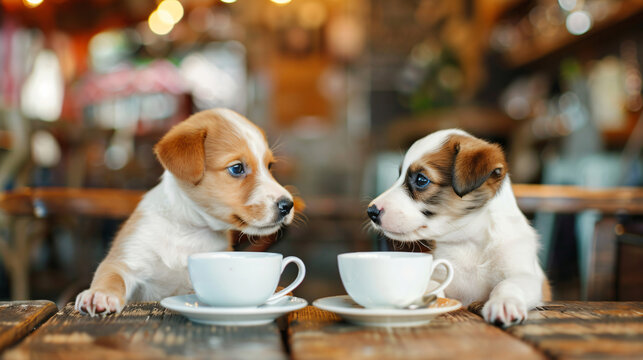 Two Puppies Drinking Coffee Design Background for Social Media with copy space text, for pet, animal, and cafe
