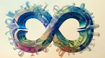  Illustration of an infinite symbol made from various dollar bills.