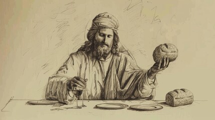 Fototapeta premium Jesus' Blessing of Bread and Wine, Biblical Illustration Capturing Holy Communion, Perfect for Religious article