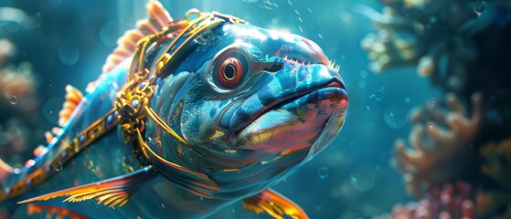 Amazing closeup charismatic of a tuna wearing a royal guard uniform, protecting a holographic palace, in an underwater kingdom, Sharpen banner with copy space