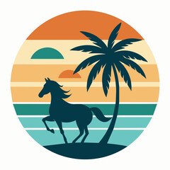 Running horse with palm tree t-shirt vector art illustration.