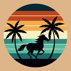 Running horse with palm tree t-shirt vector art illustration.