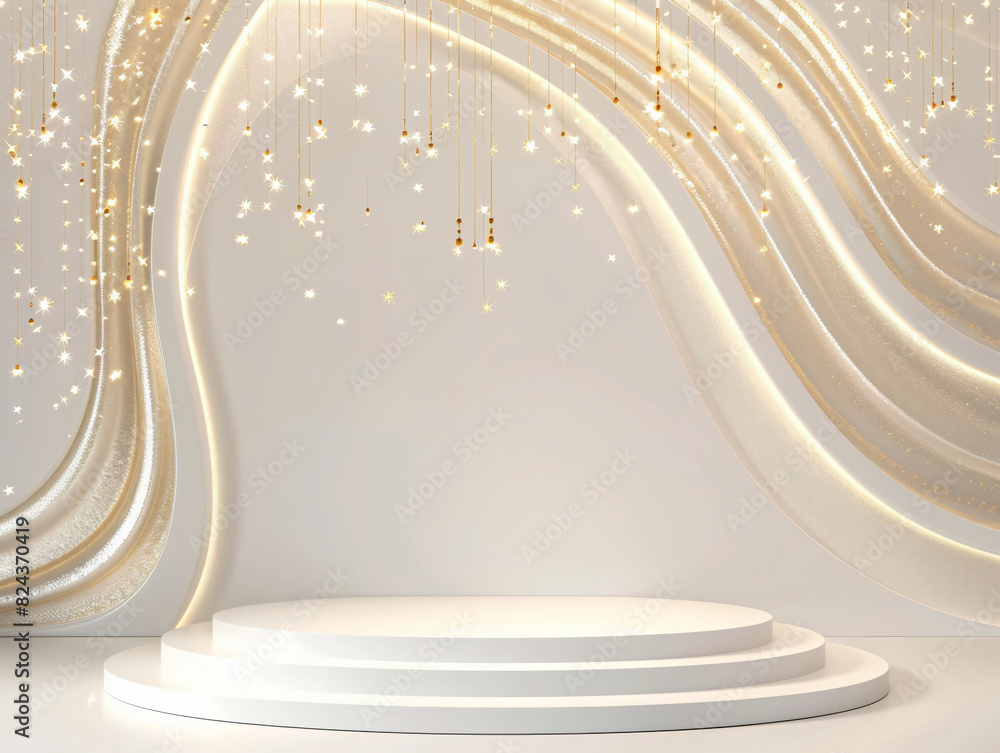 Poster white round platform with golden lights design background for social media with copy space text, for