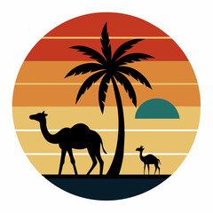 Summer t-shirt design sunset style camel silhouette, palm tree, vector art illustration.