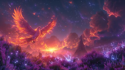 Infuse your project with a touch of whimsy and eco-consciousness by depicting a phoenix soaring amidst a field of bioluminescent plants supported by geothermal structures
