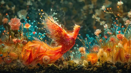 Infuse your project with a touch of whimsy and eco-consciousness by depicting a phoenix soaring amidst a field of bioluminescent plants supported by geothermal structures