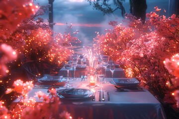 Transform the ordinary into extraordinary with unexpected camera angles Illustrate an intimate dinner scene from a birds eye view