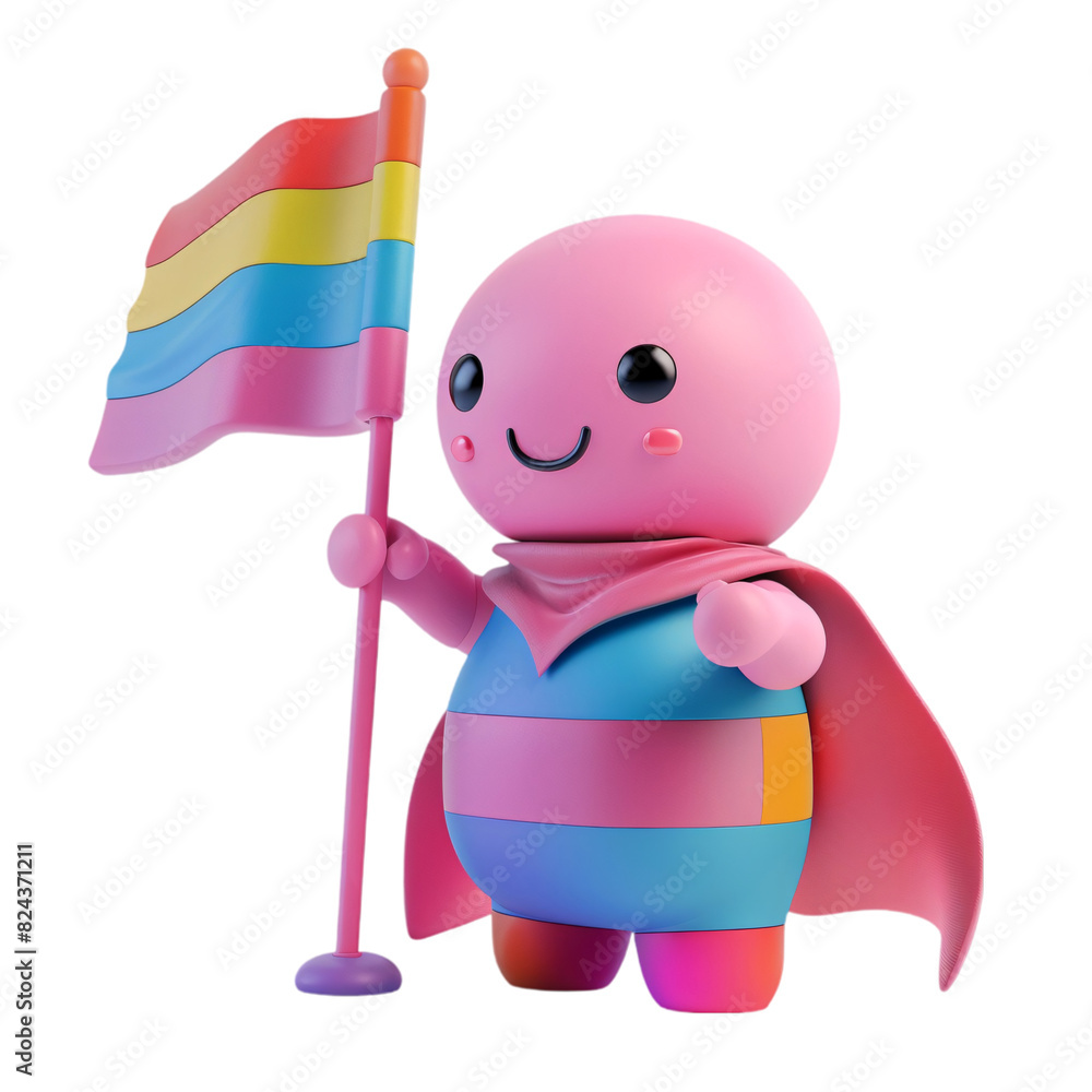 Poster a 3d character proudly displaying a bi pride flag, set against a minimalistic transparent background