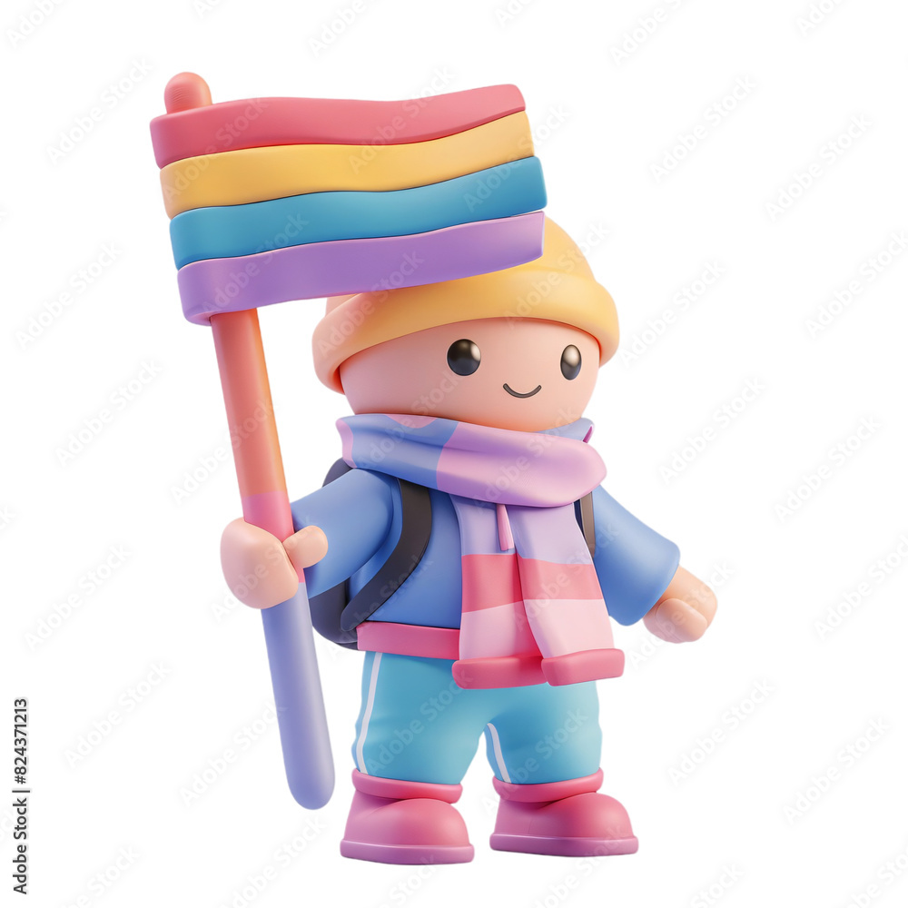 Poster a 3d character proudly displaying a bi pride flag, set against a minimalistic transparent background