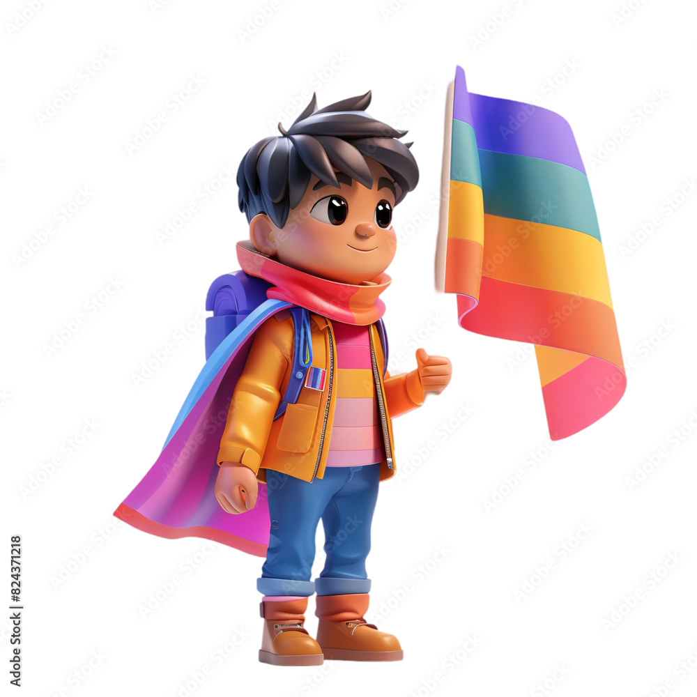 Poster a 3d character proudly displaying a bi pride flag, set against a minimalistic transparent background