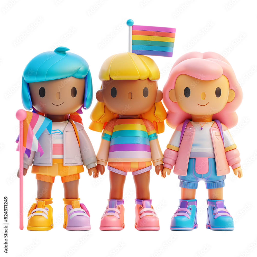 Poster a group of 3d characters, each holding different pride flags (rainbow, trans, non-binary), standing 