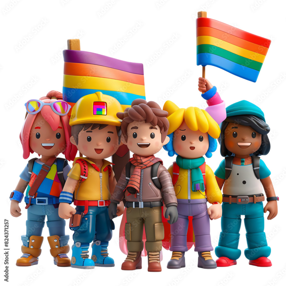 Poster a group of 3d characters, each holding different pride flags (rainbow, trans, non-binary), standing 