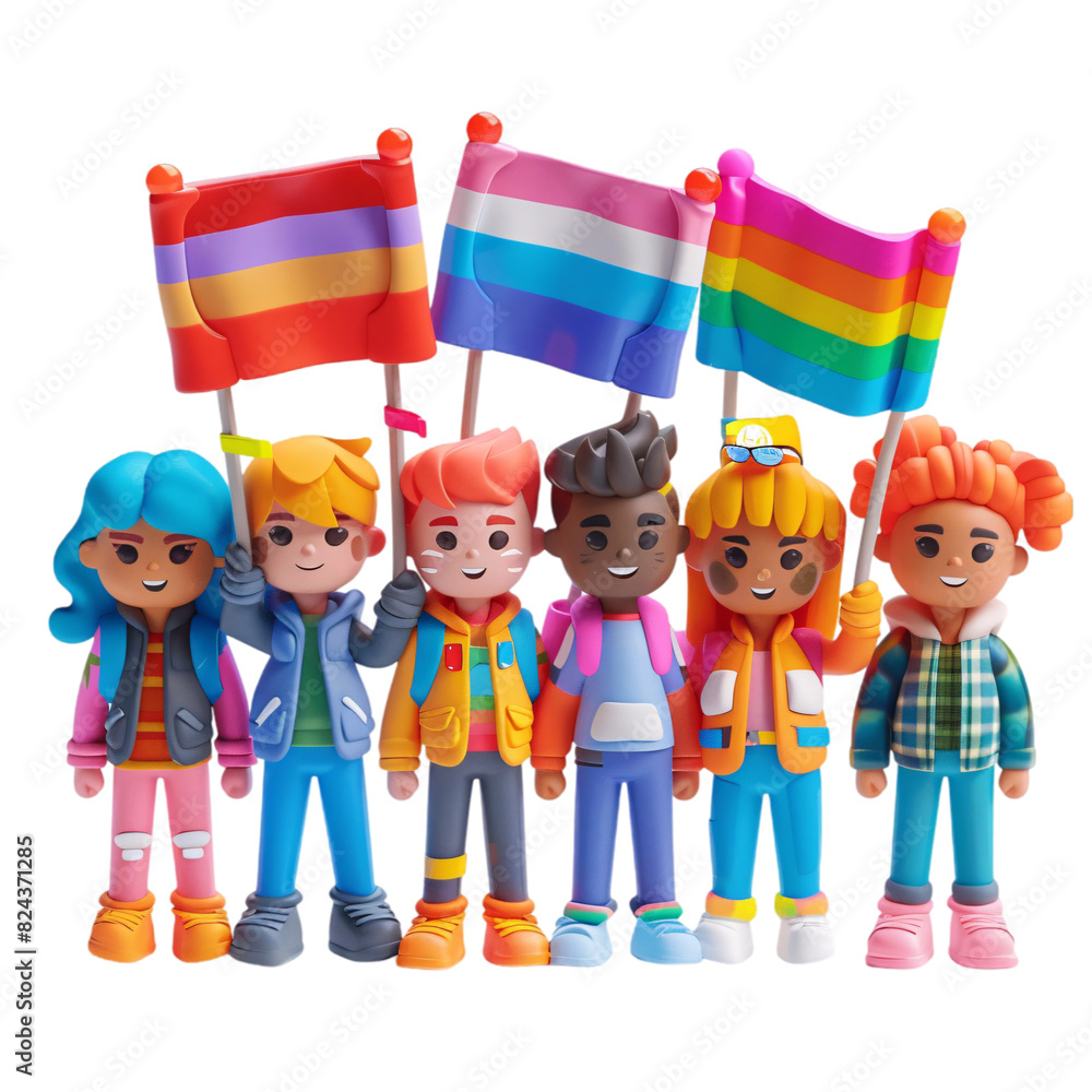 Poster a group of 3d characters, each holding different pride flags (rainbow, trans, non-binary), standing 