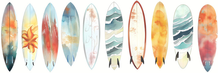 Watercolor Surfboard Designs Clipart with Beach and Ocean Themes
