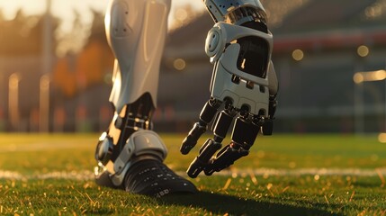 Closeup of a prosthetic limb integrated with advanced robotics and AI, showcasing seamless movement and adaptability, set against a dynamic sports field with a blurry background