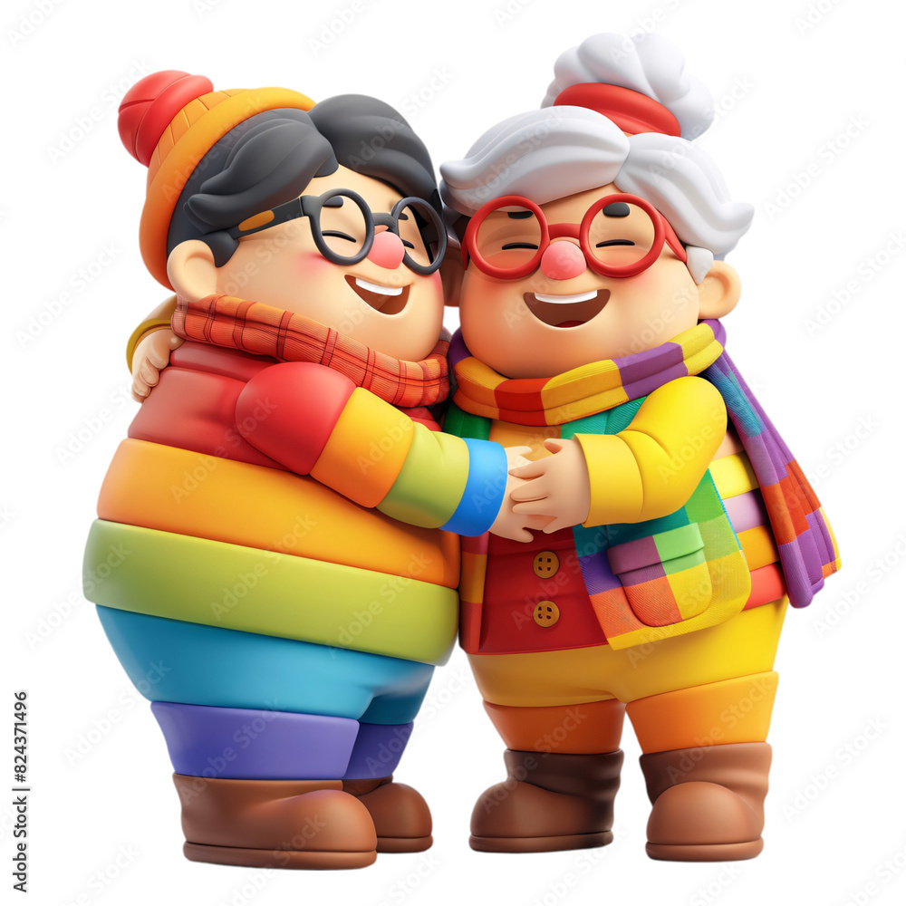 Poster two 3d characters, one non-binary and one genderqueer, sharing a friendly hug on a transparent backg