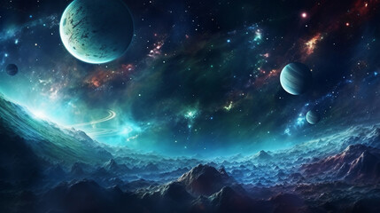 Space With Planets And Mountains Design Background for Social Media with copy space text, for space, galaxy, and universe