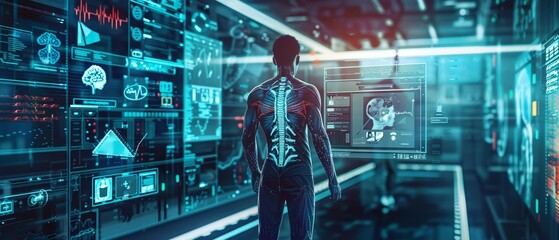 Electronic health records being securely accessed via a biometric interface, depicted in a futuristic lab with a blend of hitech and cyberpunk colors