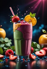 Capture the essence of health and vibrancy with a dramatic smoothie splash, showcasing the refreshing burst of flavors and nutrients in motion 