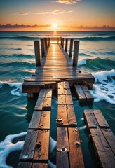 Captivating image of a weathered wooden dock, its splintered beauty framed against the vast ocean 