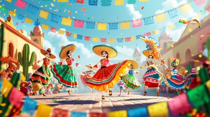 Vibrant cartoon vector of people dancing in traditional Mexican attire, surrounded by piÃ±atas, sombreros, and banners celebrating Cinco de Mayo Generative AI