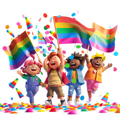 Fototapeta premium A 3D illustration of LGBTQ+ characters celebrating diversity with confetti and pride flags on a transparent background.