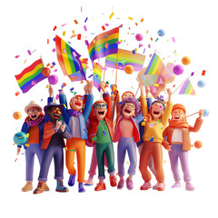A 3D illustration of LGBTQ+ characters celebrating diversity with confetti and pride flags on a transparent background.