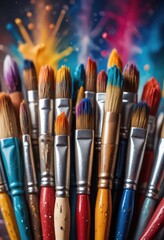 Close-up of assorted paint brushes, a vivid portrayal perfect for exploring artistry and creativity concepts