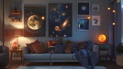 Frame mockup, amidst a celestialthemed living room, with stars and planets adorning the walls, making the quote feel cosmic